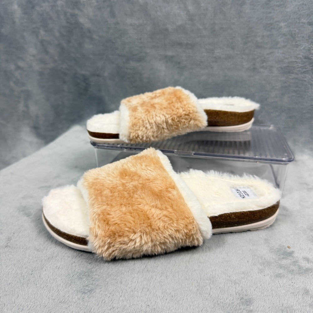 Earth Origins Womens 9 Tan Fuzzy Slip-On Slippers Faux Fur Cork Slides Coquette